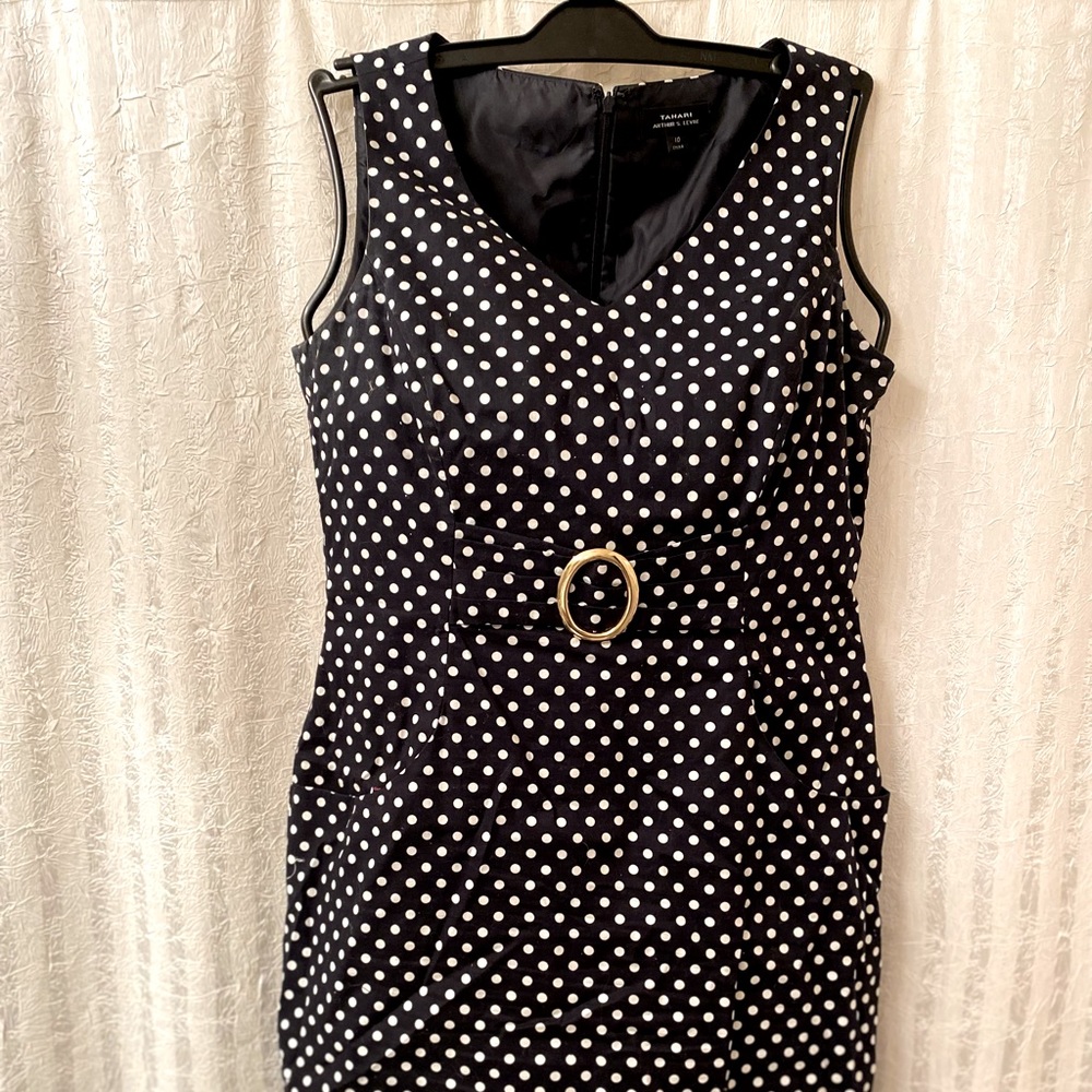 Author S Levine Dress: Tahari. Gold tone embellishment. Zips in back.